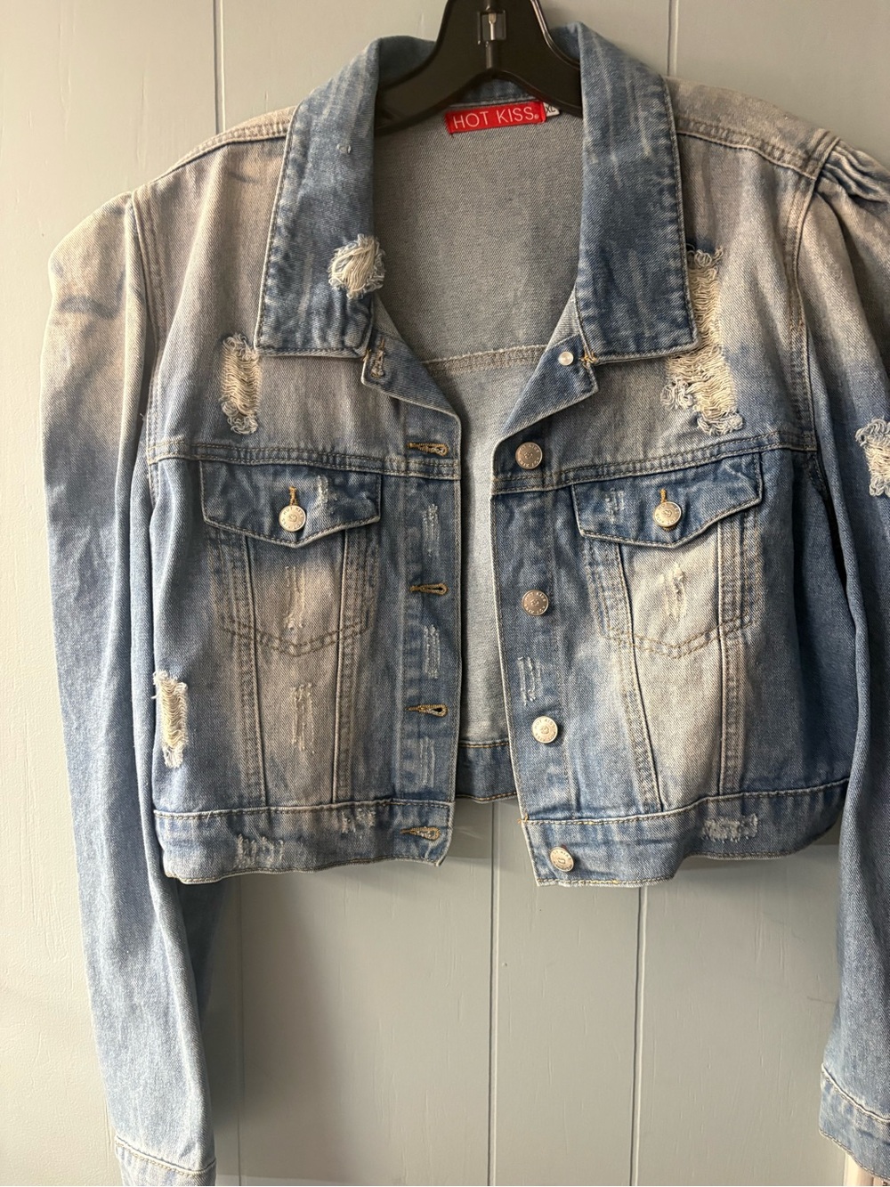 Hot Kiss Light Blue Distressed Cropped Denim Jacket